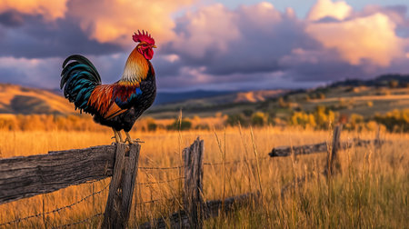 Colorful rooster on a fence in the countryside at sunset.の写真素材