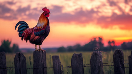 Colorful rooster on a wooden fence in the countryside at sunsetの写真素材