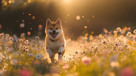 Shiba Inu running in the field of flowers at sunset.の写真素材