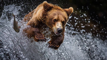 Brown bear chasing a salmon in the water. Scientific name: Ursus arctos. natural habitat.の写真素材