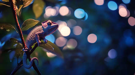 Chameleon on tree branch with bokeh lights background.の写真素材