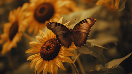Butterfly on sunflower in the garden. Vintage style.の写真素材
