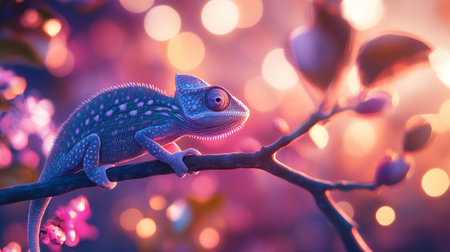 Beautiful chameleon on a branch with bokeh backgroundの写真素材