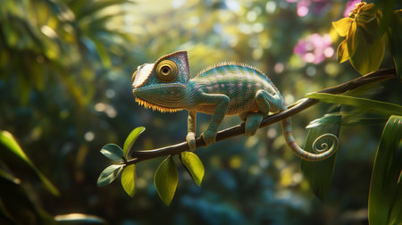 Chameleon on a branch in the forest. Close up.の写真素材