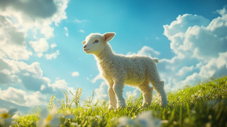 Cute little lamb standing on green meadow under blue sky with cloudsの写真素材