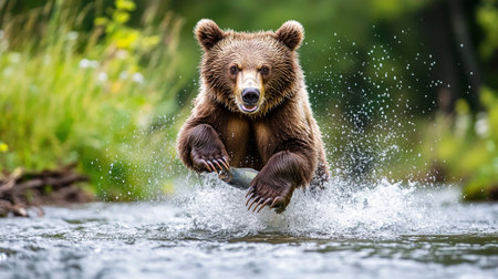 Brown bear chasing a fish in the river. Scientific name: Ursus arctos. Green natural background.の写真素材