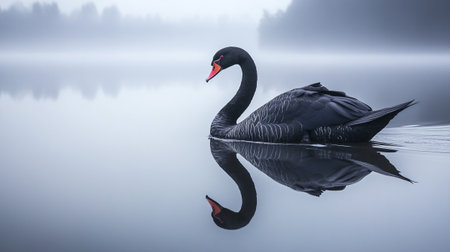Black swan swimming on a lake in a foggy morning.の素材
