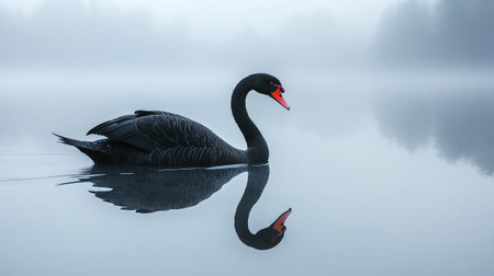 Black swan on a foggy lake in the morning with reflectionの写真素材