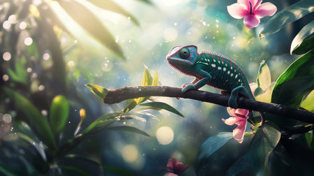 Chameleon on a branch with green leaves and flowers in the gardenの写真素材