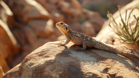 Close-up of a lizard sitting on a rock in the desertの写真素材