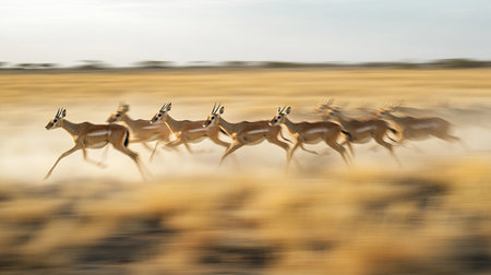 Impala herd in motion in the African savannah, Namibiaの写真素材