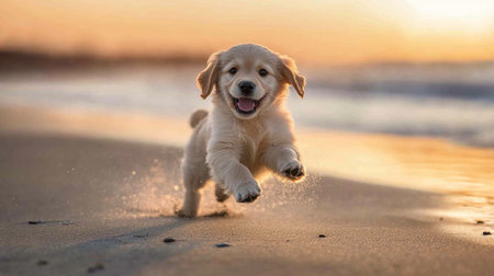 Golden Retriever puppy running on the beach in the sunset lightの写真素材