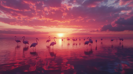 Pink flamingos at sunset in the salt lake, 3d renderの写真素材