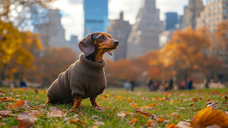 Dachshund dog in autumn park in New York City.の写真素材