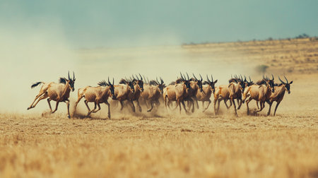 Wildebeest running in the savannah, Africaの写真素材
