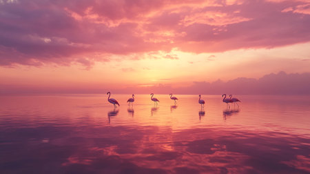 Flamingos in the sea at sunset. 3d renderingの写真素材