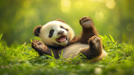Cute panda playing in the green grass in the park.の写真素材