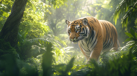 Tiger walking in the jungle. (Panthera tigris altaica)の写真素材