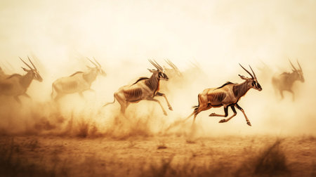Gemsbok antelope running in the savannah of Africaの写真素材