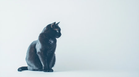 Beautiful black cat sitting on a white background. Studio shot.の素材