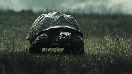 African spurred tortoise in the field. 3d rendering. Computer digital drawing.の素材