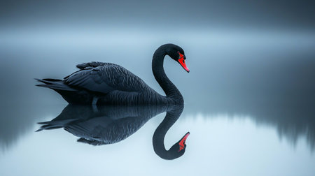 Black swan on a foggy lake with reflection in water.の写真素材