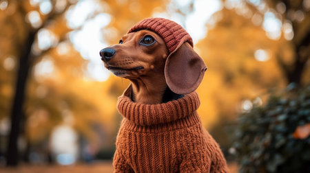 Portrait of a beautiful dachshund dog in a knitted sweater and hat in the autumn park.の写真素材