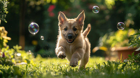 Cute little dog playing with soap bubbles in the garden. Shallow depth of field.の写真素材