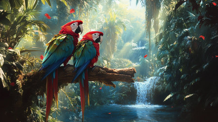 Colorful macaws sitting on a branch in a tropical forest.の写真素材