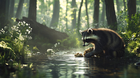 Raccoon in the forest by the river. 3d renderingの写真素材