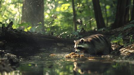 raccoon eating a piece of bread in a forest river.の写真素材
