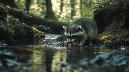 Raccoon in the forest drinking water. Wildlife scene from nature.の写真素材