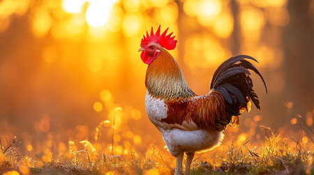 Beautiful rooster in the meadow at sunrise. Rooster in the sun.の写真素材