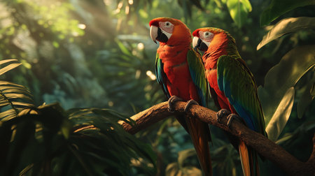 Two macaw parrots sitting on a branch in the jungle.の写真素材