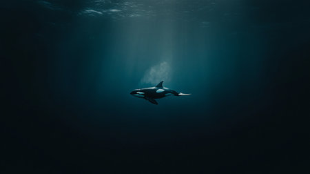 Underwater photo of a woman swimming in the deep blue sea.の写真素材