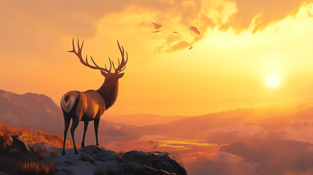 Deer on top of a mountain at sunset. 3d renderの写真素材