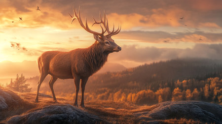 Beautiful red deer in the mountains at sunset. 3d renderの写真素材