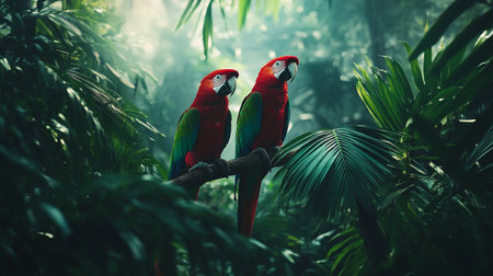 Two red macaws sitting on a branch in the rainforest.の写真素材