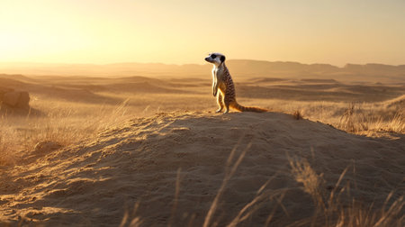 Meerkat standing on a sand dune in the desert at sunsetの写真素材