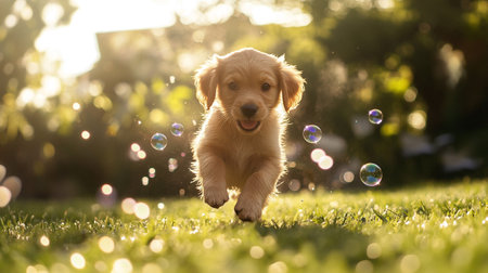 Cute Golden Retriever Puppy Playing With Soap Bubblesの写真素材