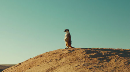 meerkat standing on top of sand dune and looking at cameraの写真素材