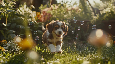 Cute puppy playing with soap bubbles in the garden on a sunny dayの写真素材