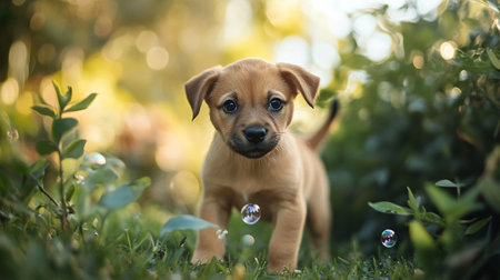Cute little puppy playing with soap bubbles in the garden. Selective focus.の写真素材