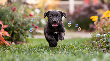 Cute black puppy playing with soap bubbles outdoors in the garden.の写真素材