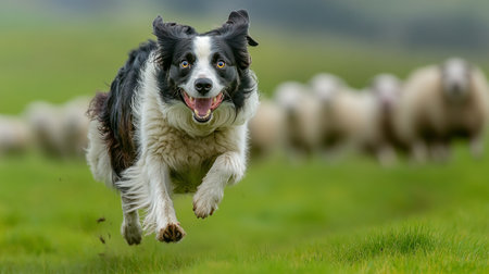 Border Collie dog running in a field with sheep in the backgroundの写真素材