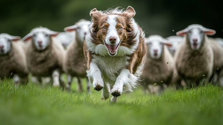 Border collie dog running in a field with her flock of sheepの写真素材
