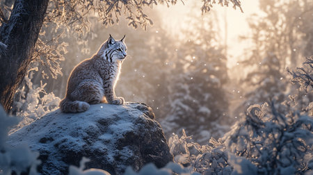 Beautiful image of a Eurasian lynx (Lynx lynx) sitting on a rock in the snowy forestの写真素材