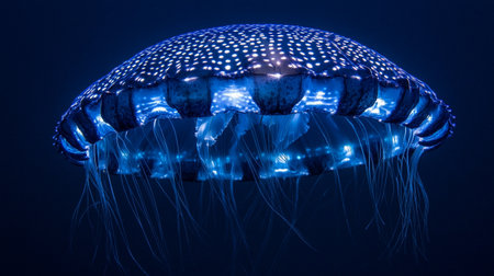 Jellyfish in blue light, close-up on dark backgroundの写真素材