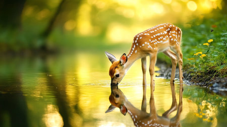 Fallow deer fawn in the forest with reflection in the waterの写真素材