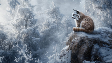 Siberian lynx sitting on a rock in the snowy forestの写真素材